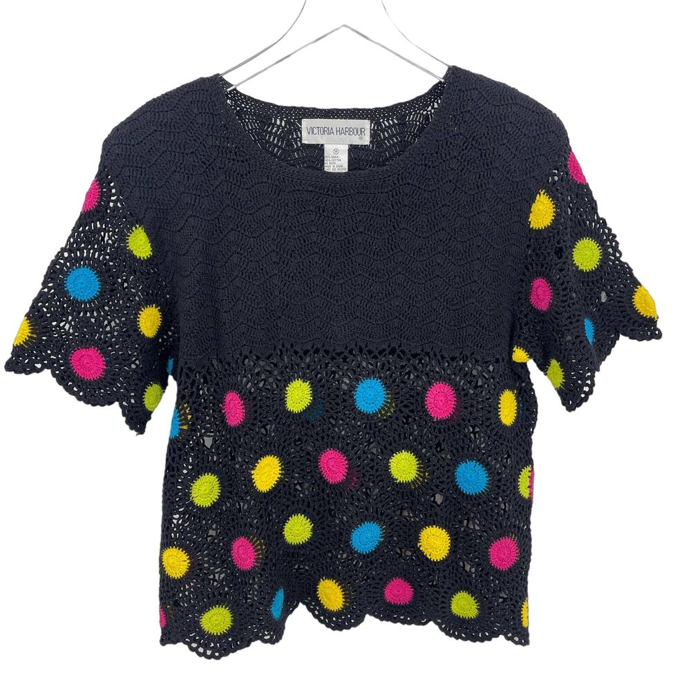 Vintage Victoria Harbour Size Medium Crochet Polka Dot Short Sleeve Top Black
